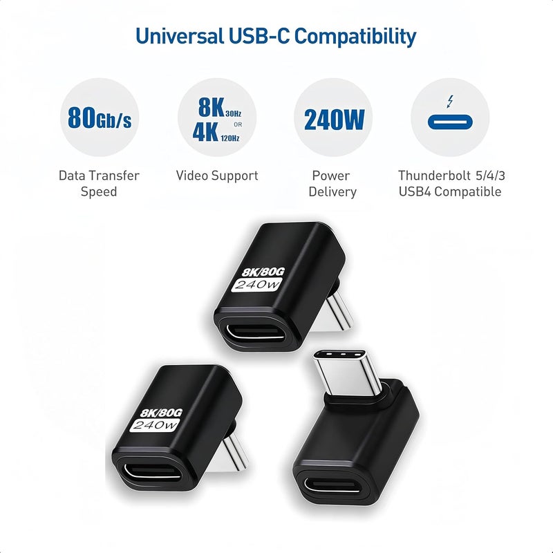 basecolors 3 Pack Usb C 90 Degree Adapter [80Gbps Data Transfer,8K@240Hz Video, 240W Charging ].Usb C Right Angle Adapter Compatible with Steam Deck,Thunderbolt 5/4/3,Switch2/1 and Most usbc Device.(Black） - Image 5